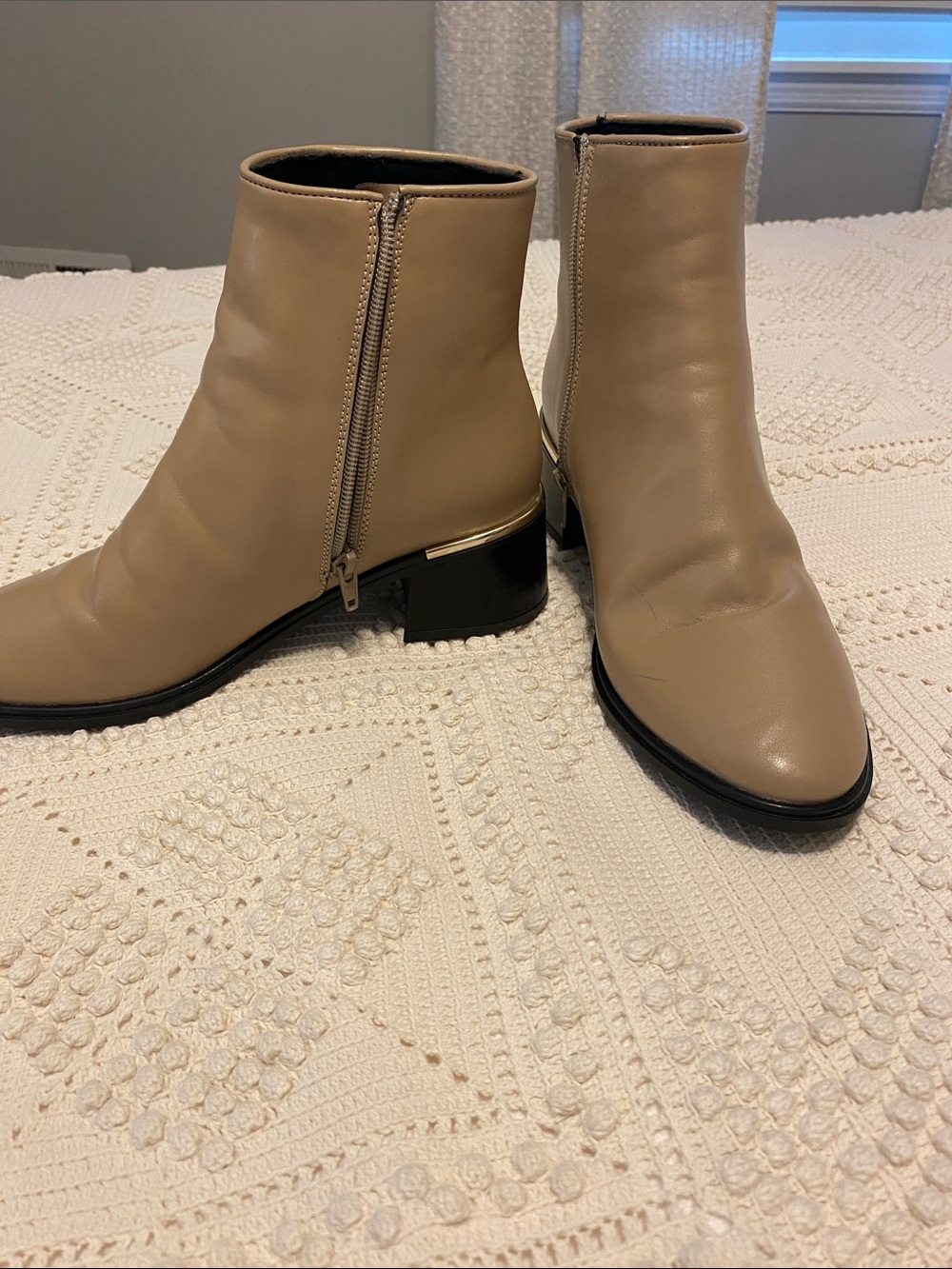Italian Shoemakers Taupe Ankle Boots with Side Zip and Metallic Heel Accent